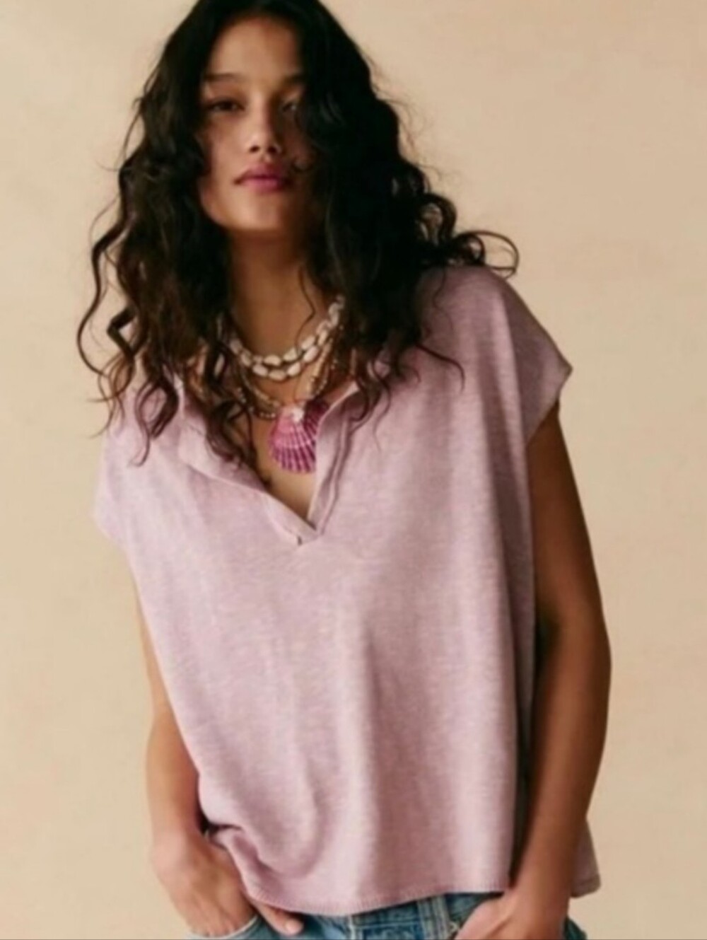FP Beach Marina Del Sol Sweater Tee Rose Pin V-neck Knit,Size Large